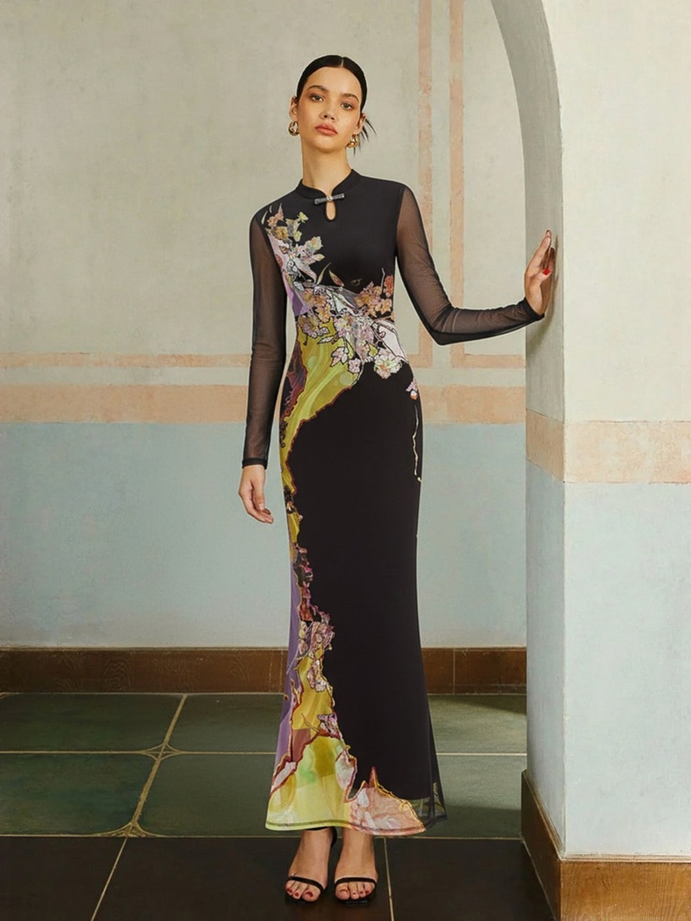 Commense Mesh Long Sleeve Floral Print Maxi Dress